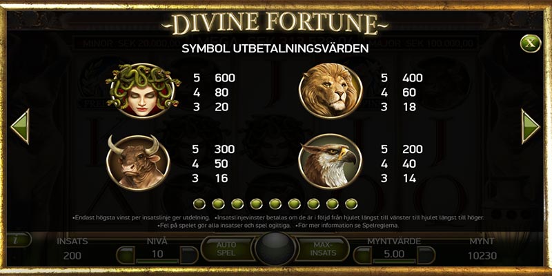 Utbetalningstabell slot Divine Fortune